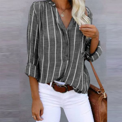 Calista | Women's Striped Blue Linen Long Sleeve Button Top