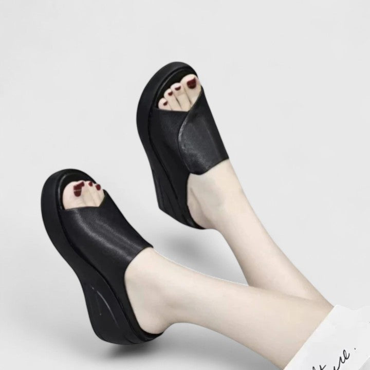 Calanthe | Black Leather Orthopedic Wedge Sandals