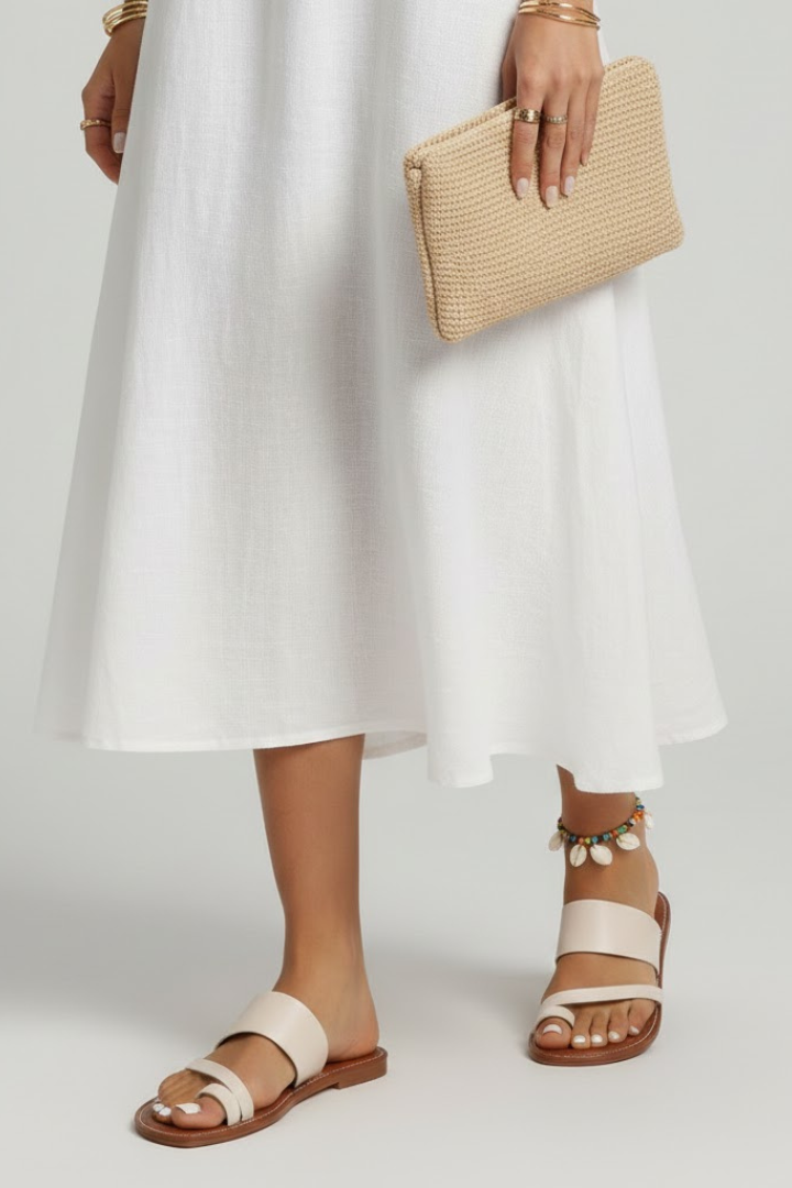 Astrid | Women’s Slip-On Sandals with Buckle Strap - Soft Beige Leather
