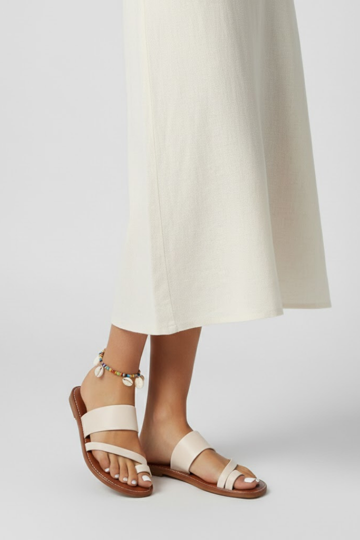 Astrid | Women’s Slip-On Sandals with Buckle Strap - Soft Beige Leather
