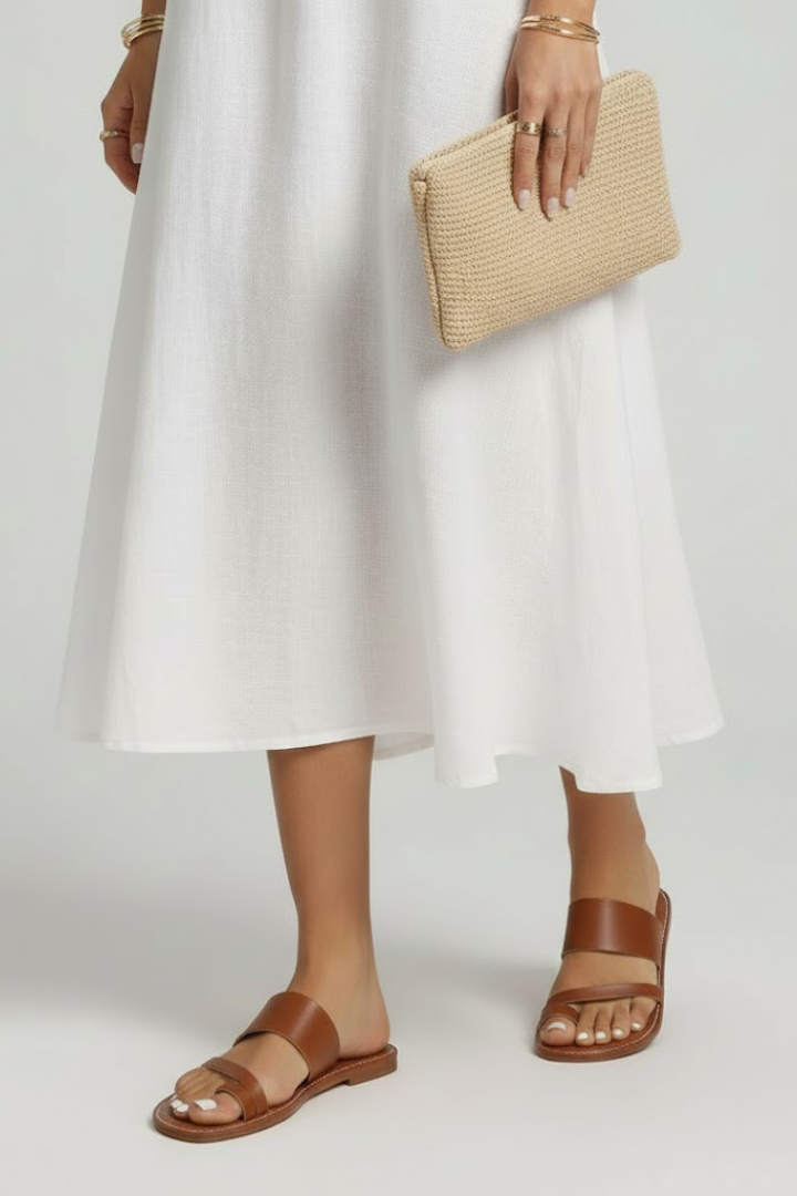 Astrid | Women’s Slip-On Sandals with Buckle Strap - Soft Beige Leather