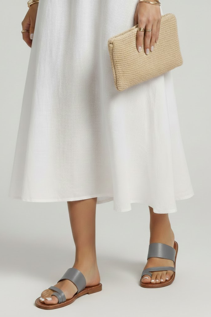 Astrid | Women’s Slip-On Sandals with Buckle Strap - Soft Beige Leather