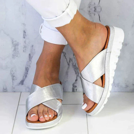 Astrid | Women Summer Orthopedic Style Silver Crisscross Sandals