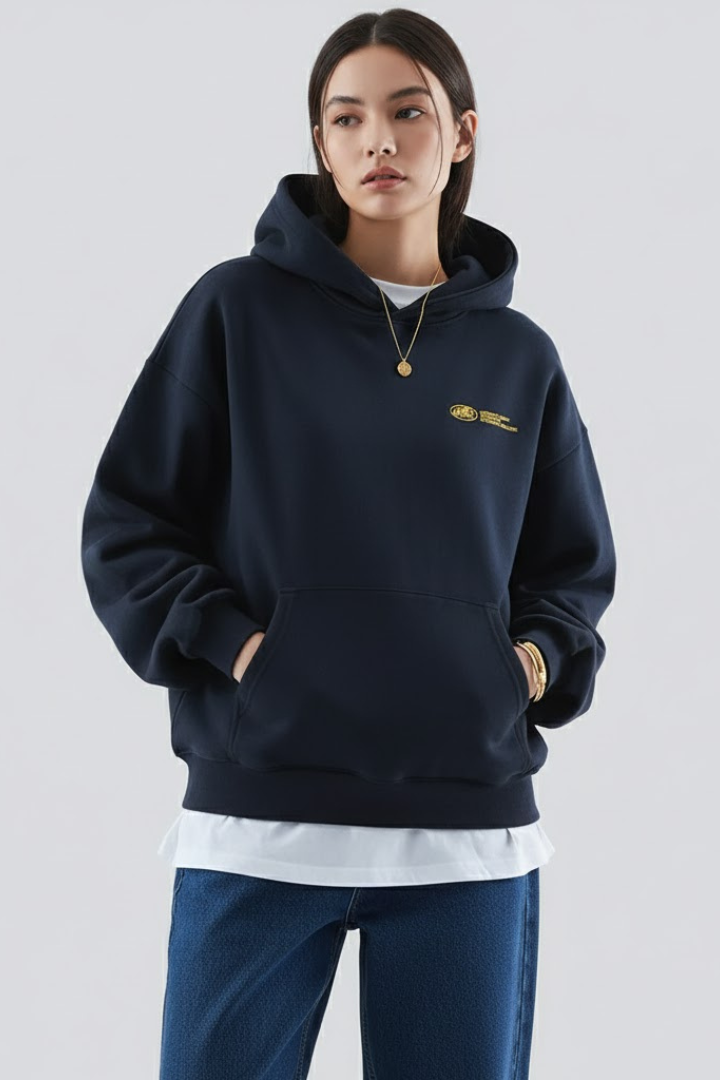 Astrid | Women's Navy Hoodie with Gold Front Print and Pullover Design