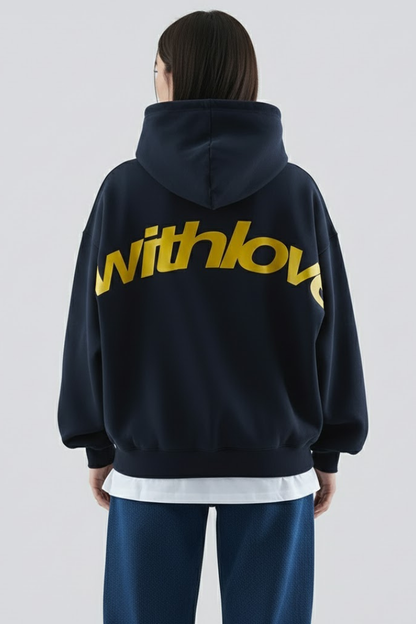 Astrid | Women's Navy Hoodie with Gold Front Print and Pullover Design