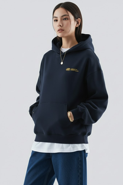 Astrid | Women's Navy Hoodie with Gold Front Print and Pullover Design