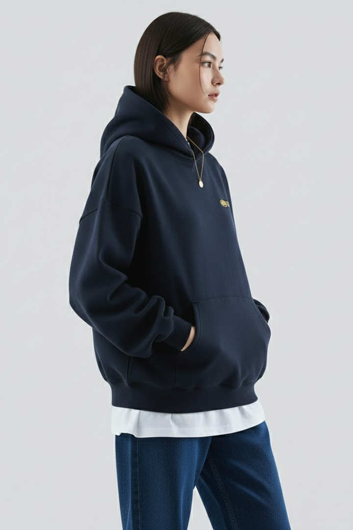 Astrid | Women's Navy Hoodie with Gold Front Print and Pullover Design