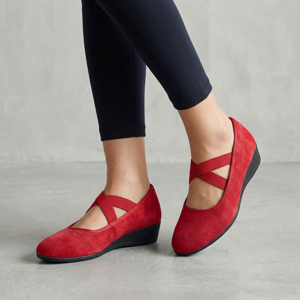 Alethea | Women’s Orthopedic Criss-Cross Strap Wedge Flats in Black Suede