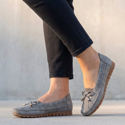Women’s Orthopedic Perforated Bow Comfort Loafers in Suede Tan