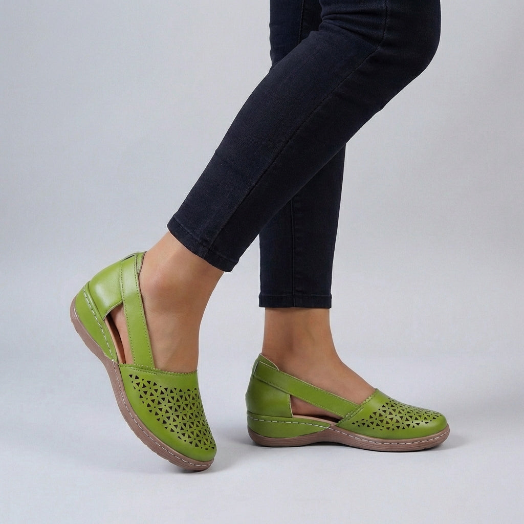 Alethea | Women’s Orthopedic Scalloped Cut-Out Comfort Sandals in Black Perforated Leather
