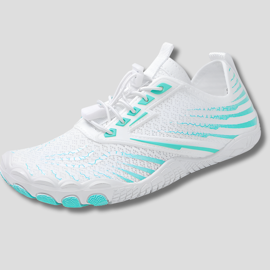Kairos | Unisex Lightweight Quick Dry Barefoot Aqua Shoes in White with Turquoise Accents