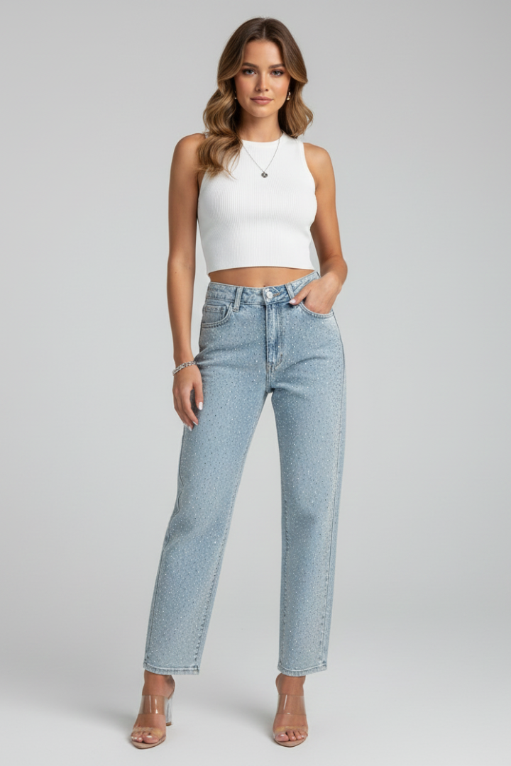 Women’s High-Waist Light Blue Shimmer Straight-Leg Jeans