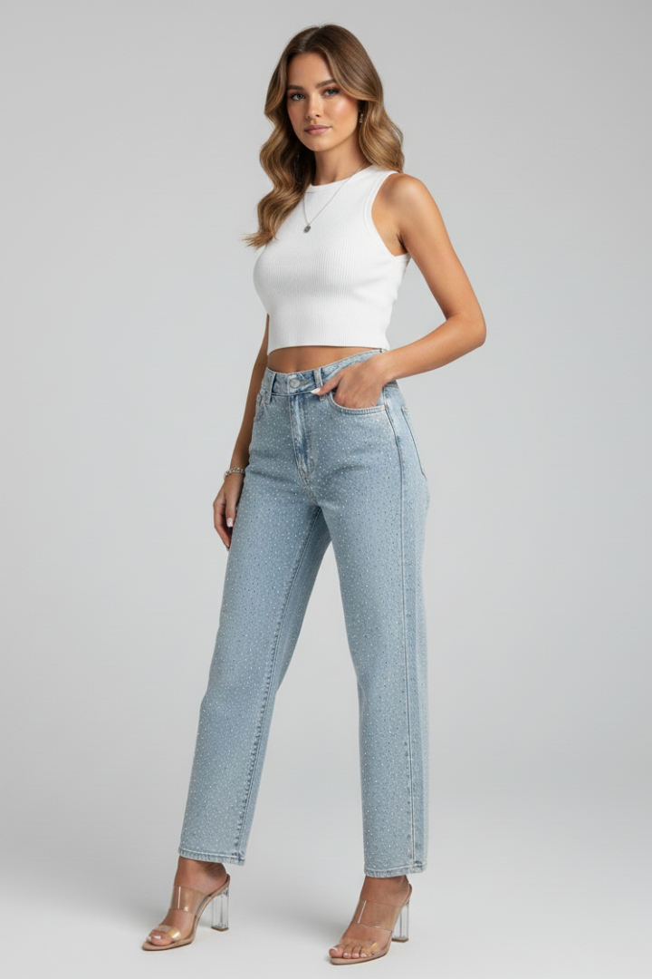 Women’s High-Waist Light Blue Shimmer Straight-Leg Jeans