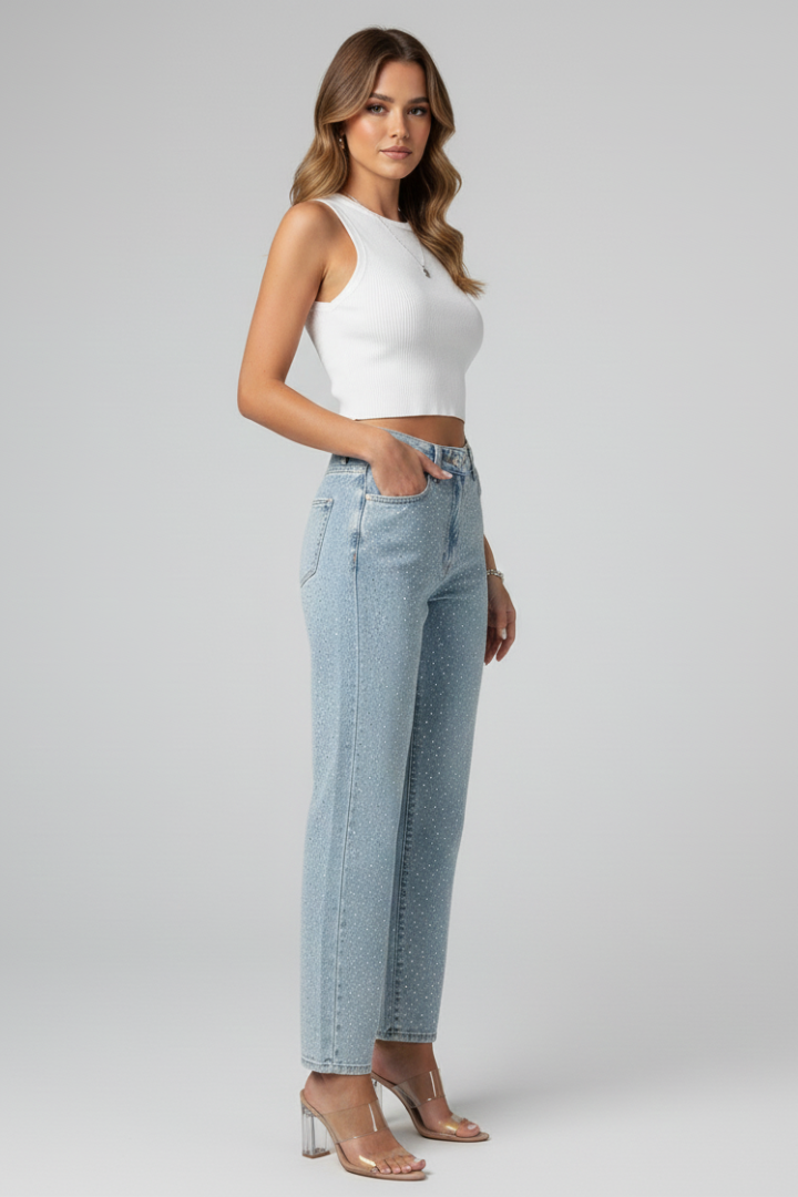 Women’s High-Waist Light Blue Shimmer Straight-Leg Jeans