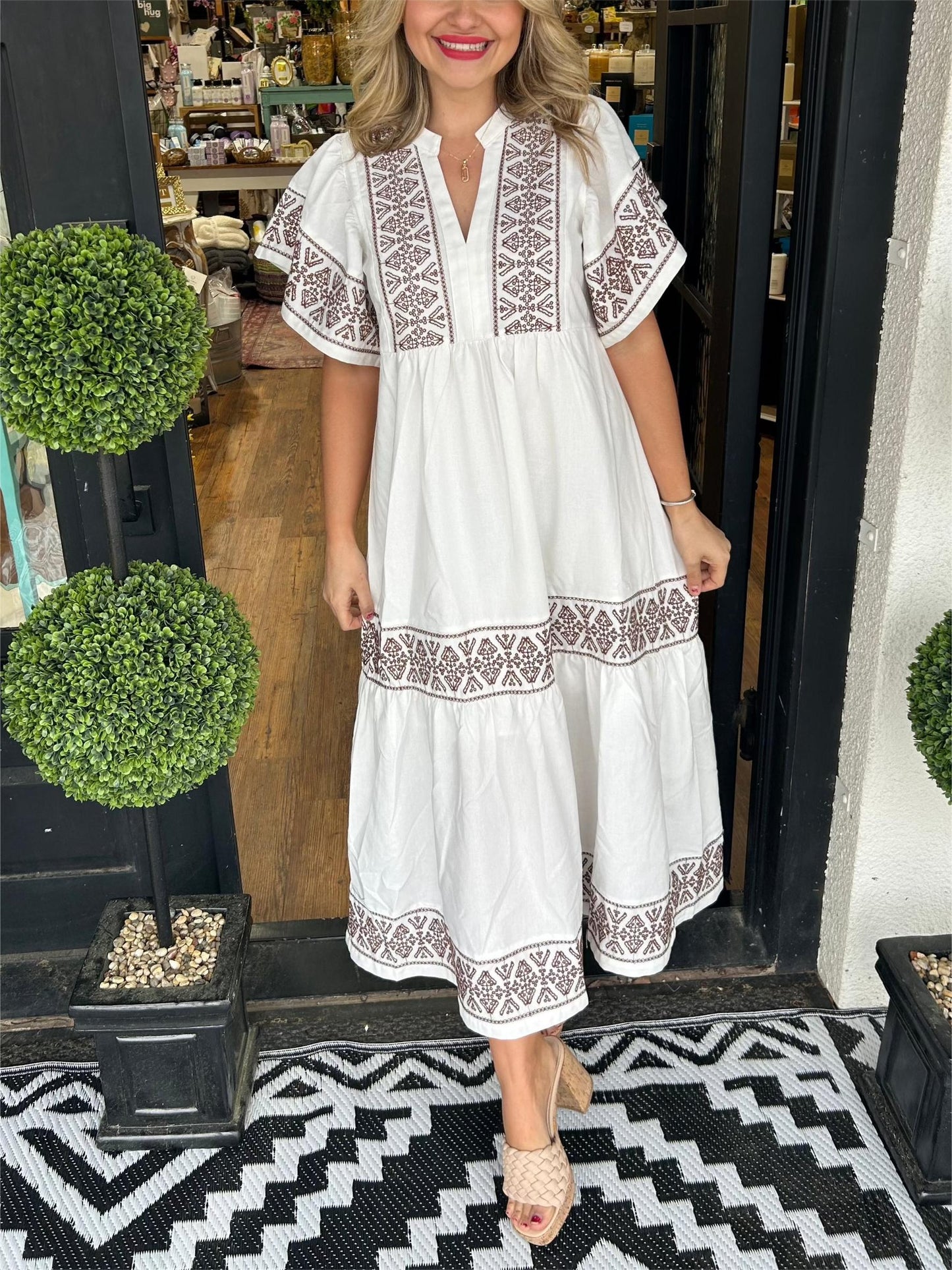 Astrid | Women’s Summer Boho V Neck Midi Dress in Black Embroidered