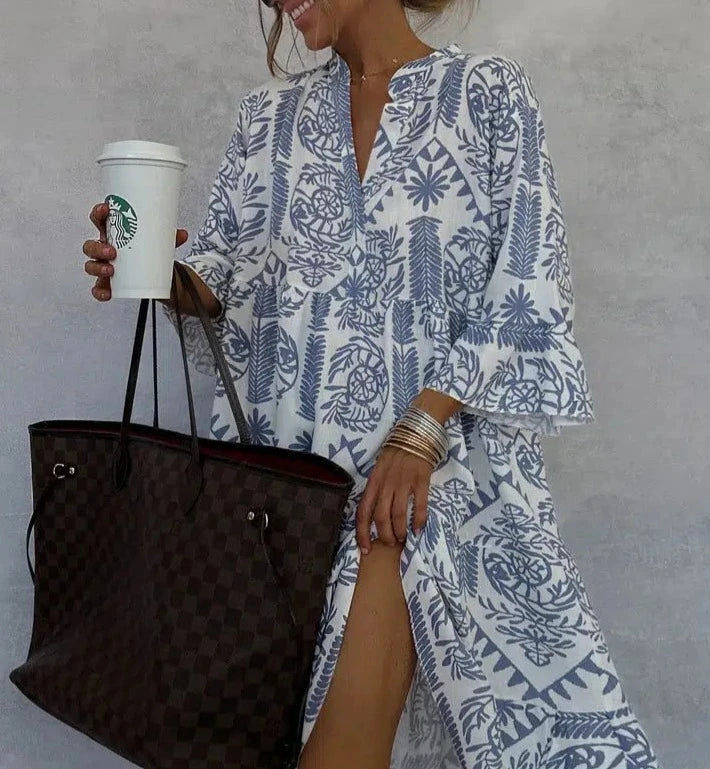 Astrid | Women's Boho Chic White & Blue Patterned Long Sleeve Mini Dress