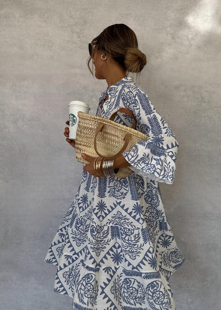 Astrid | Women's Boho Chic White & Blue Patterned Long Sleeve Mini Dress
