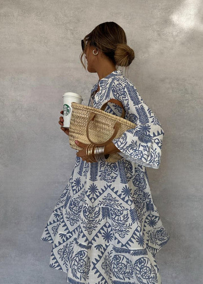 Astrid | Women's Boho Chic White & Blue Patterned Long Sleeve Mini Dress