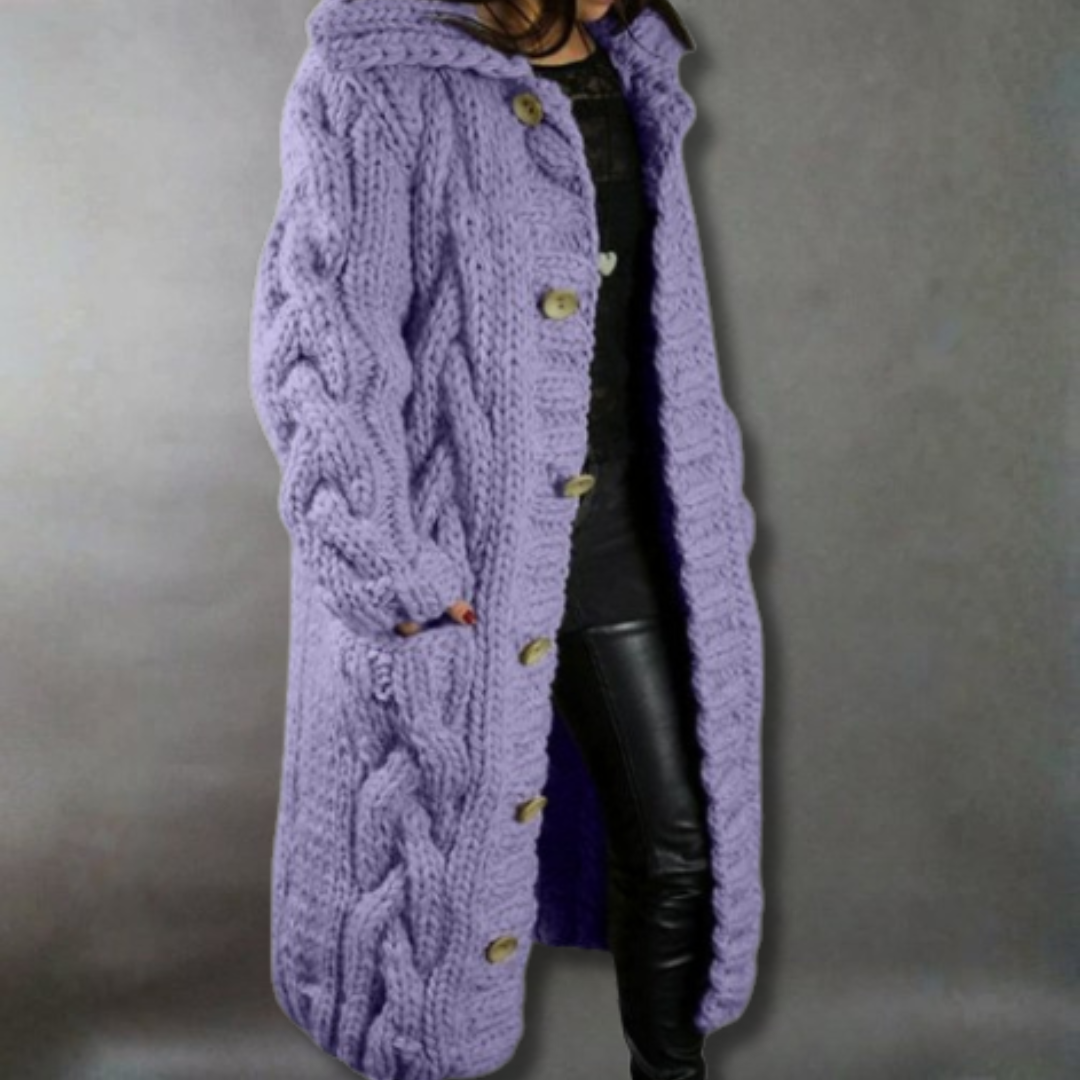 Calista | Elegant Cosy Blue Cable Knit Coat With Tummy Coverage