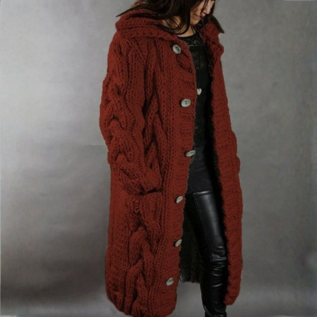 Calista | Elegant Cosy Blue Cable Knit Coat With Tummy Coverage