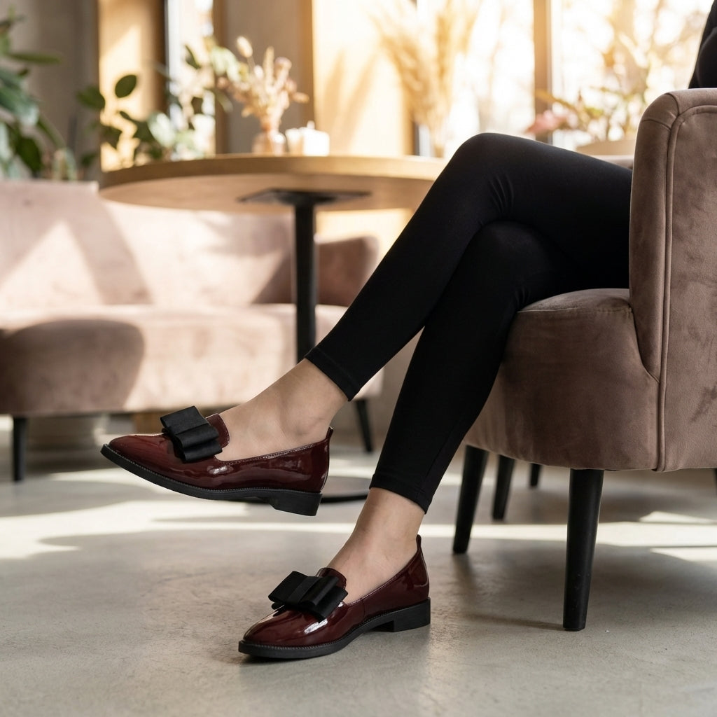 Aurelia | Women’s Orthopedic Pointed Toe Bow Detail Loafers in Burgundy Leather
