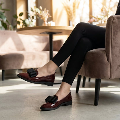 Aurelia | Women’s Orthopedic Pointed Toe Bow Detail Loafers in Burgundy Leather