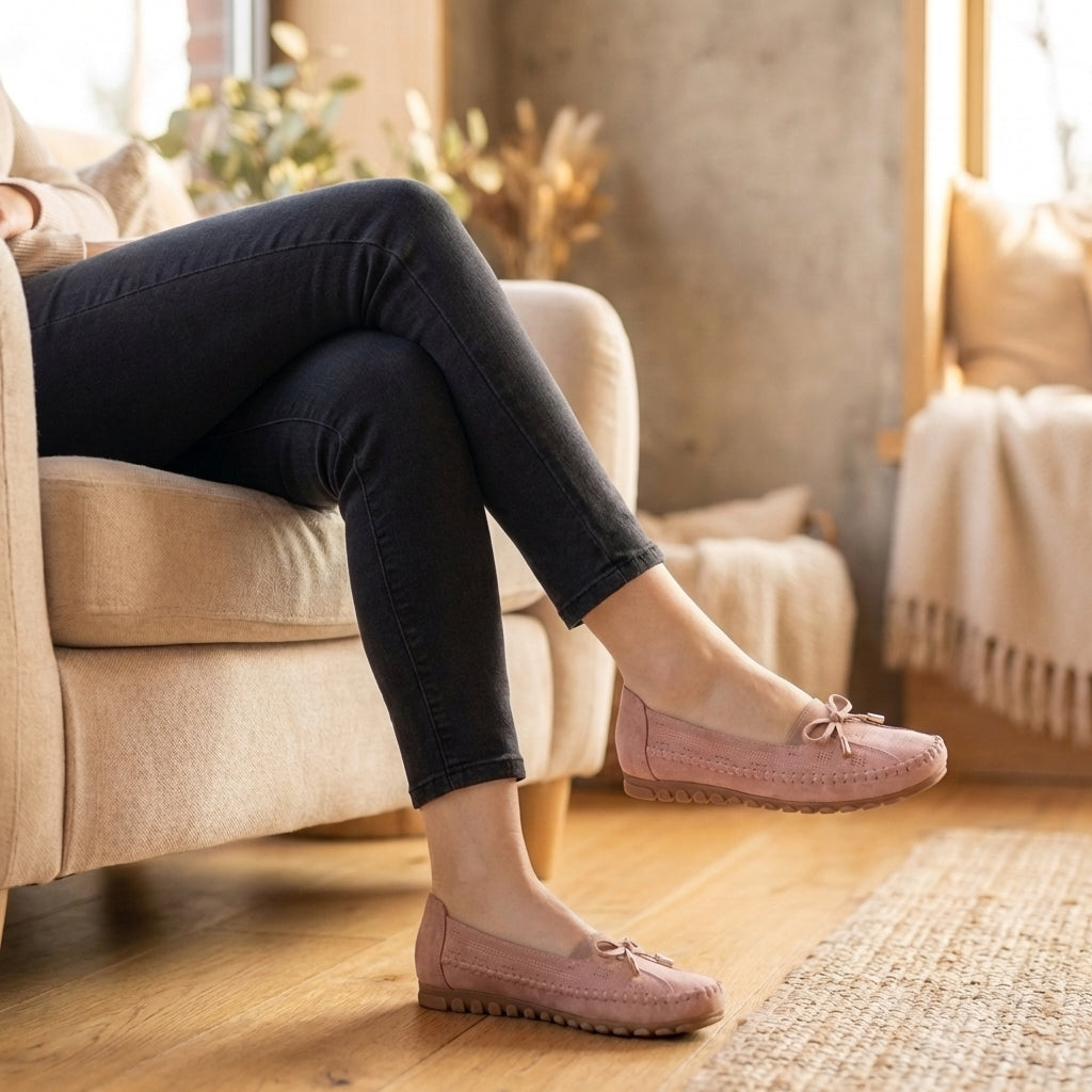 Women’s Orthopedic Perforated Bow Comfort Loafers in Suede Tan