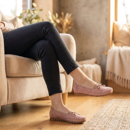 Women’s Orthopedic Perforated Bow Comfort Loafers in Suede Tan