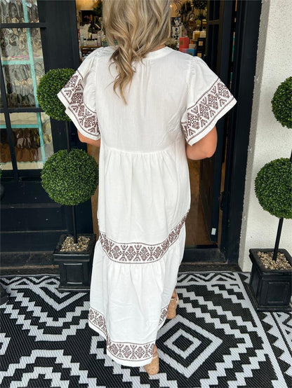 Astrid | Women’s Summer Boho V Neck Midi Dress in Black Embroidered