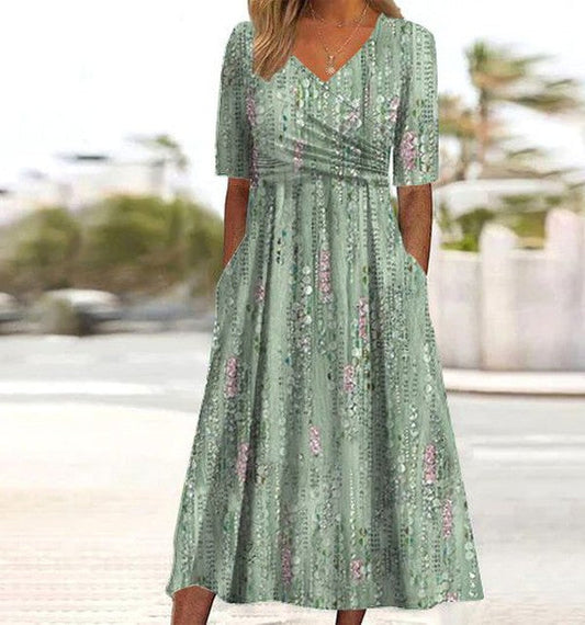 Calista | Women’s Boho Floral A Line Midi Dress in Mint Green