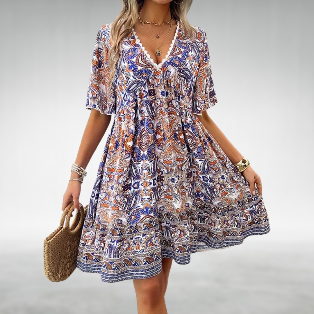 Astrid | Women's Boho Printed V Neck Mini Dress in Green Paisley