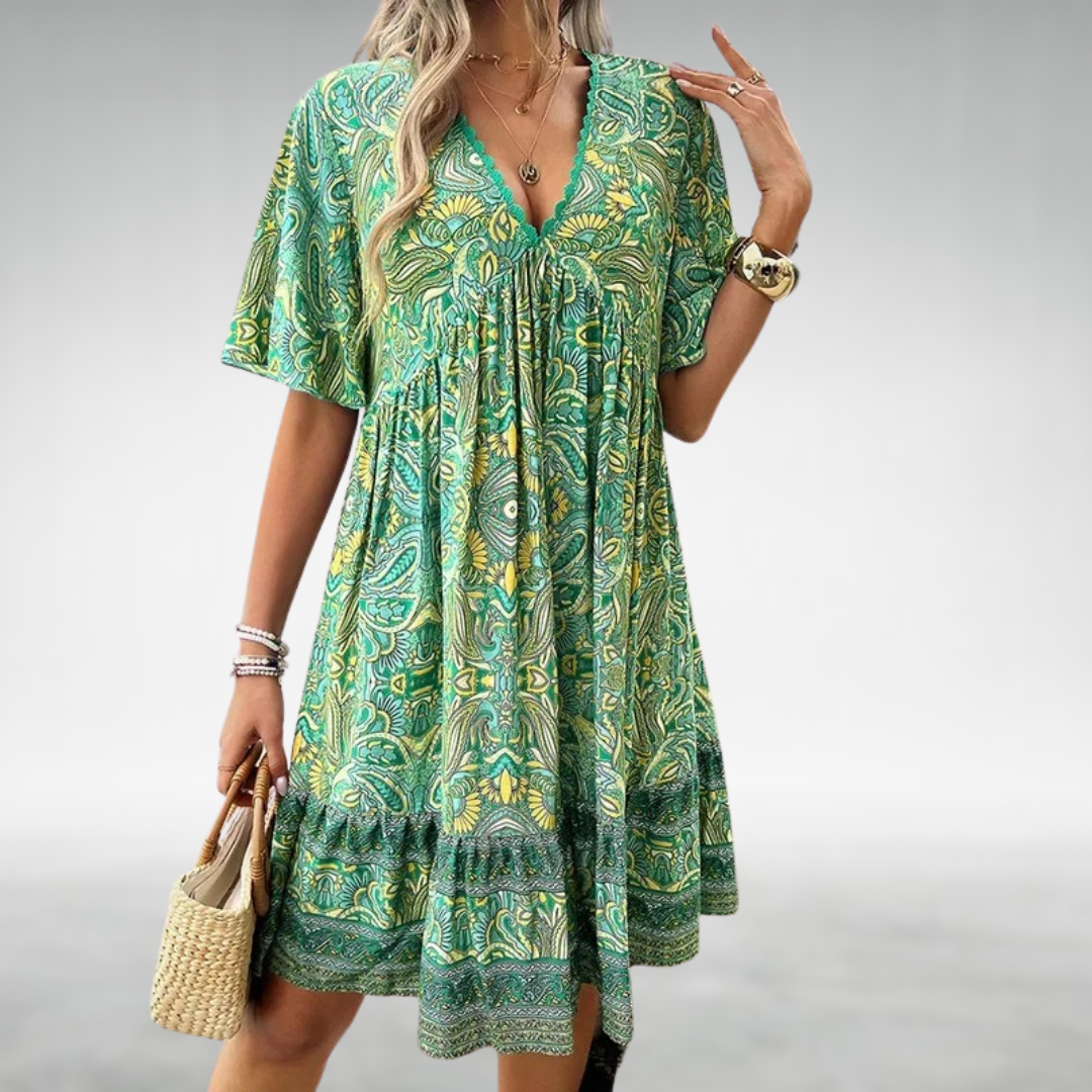 Astrid | Women's Boho Printed V Neck Mini Dress in Green Paisley