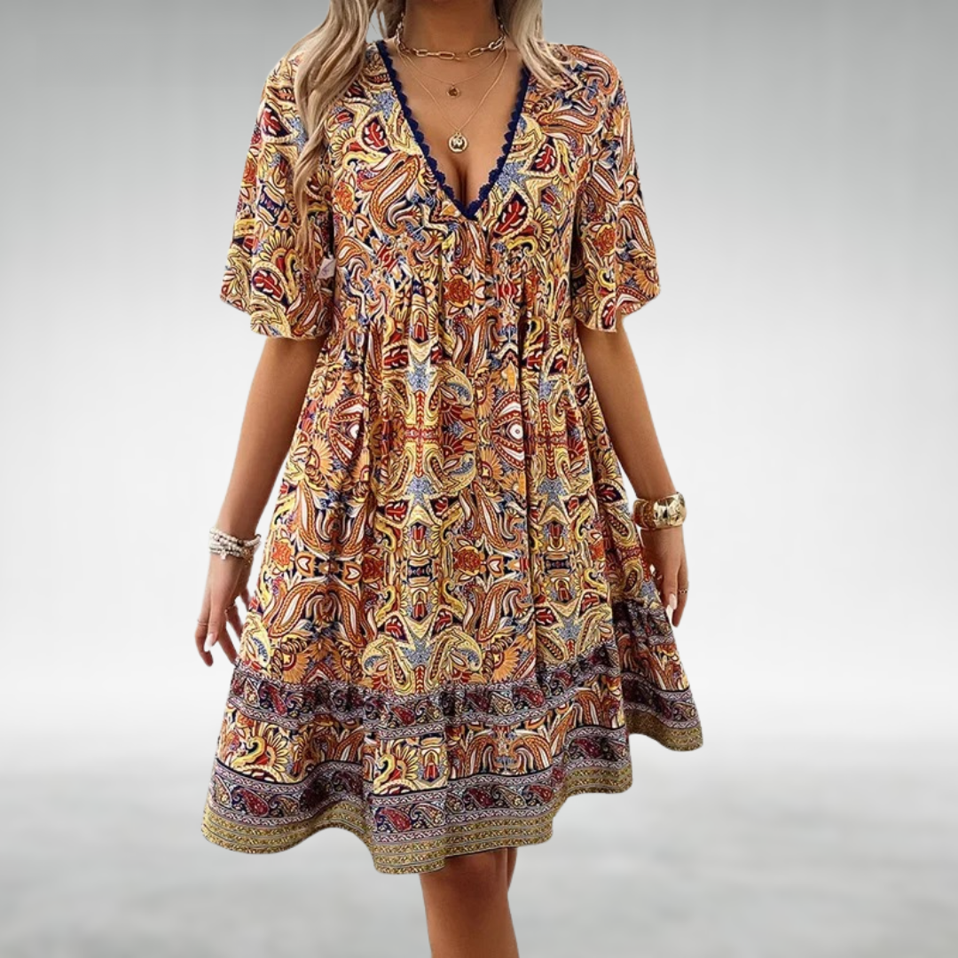 Astrid | Women's Boho Printed V Neck Mini Dress in Green Paisley