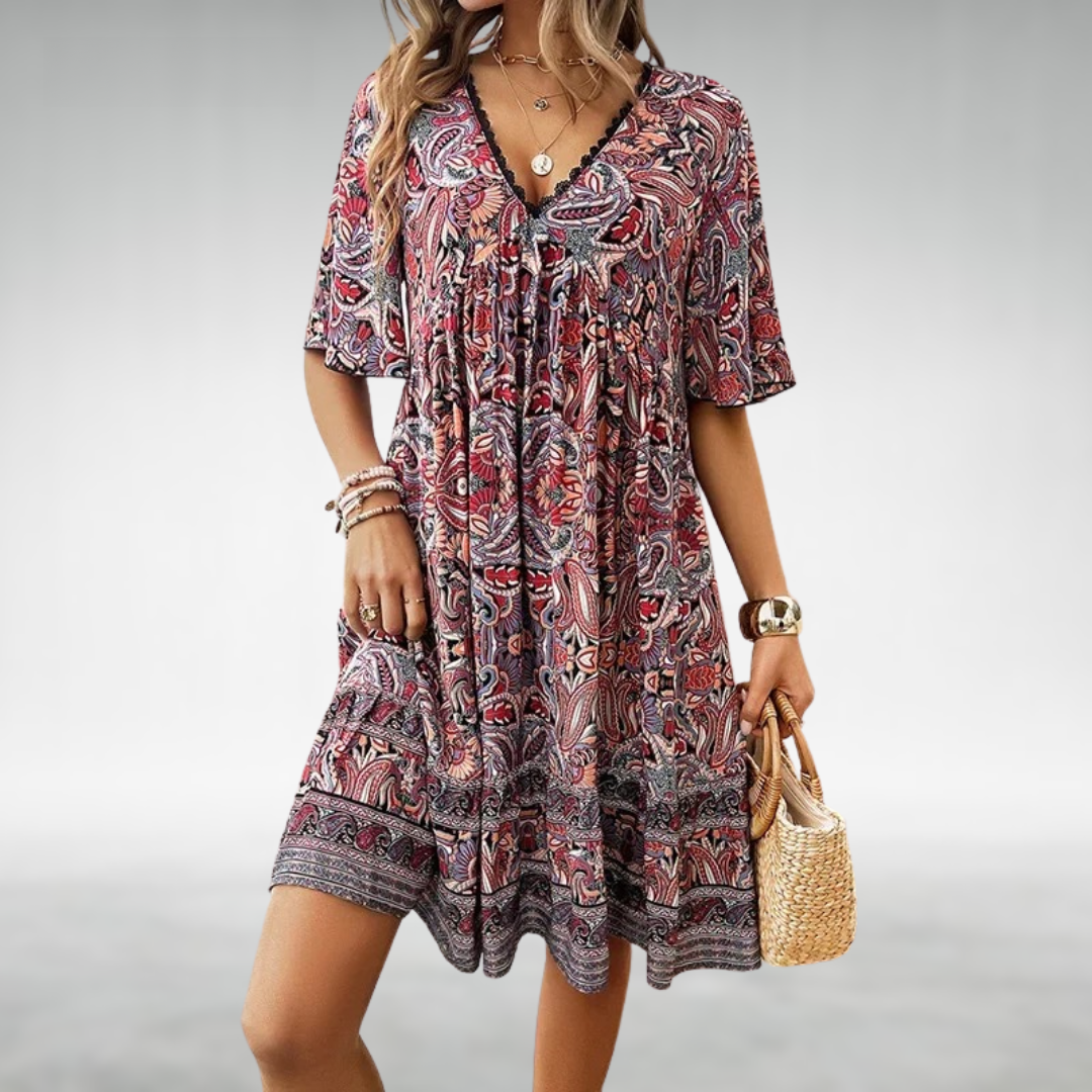 Astrid | Women's Boho Printed V Neck Mini Dress in Green Paisley