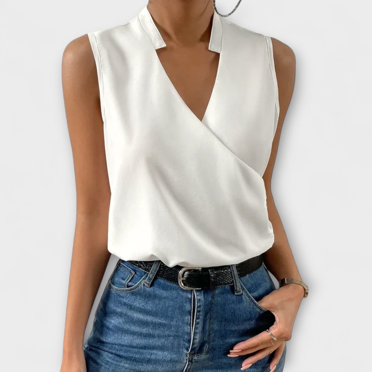 Elegant White Asymmetrical Sophisticated V-Neck Top