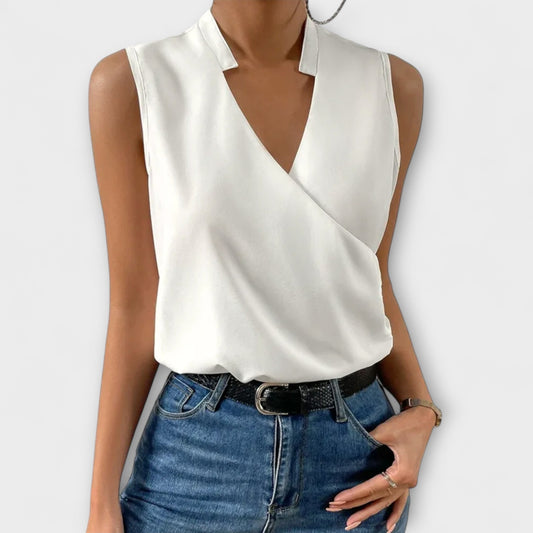 Elegant White Asymmetrical Sophisticated V-Neck Top
