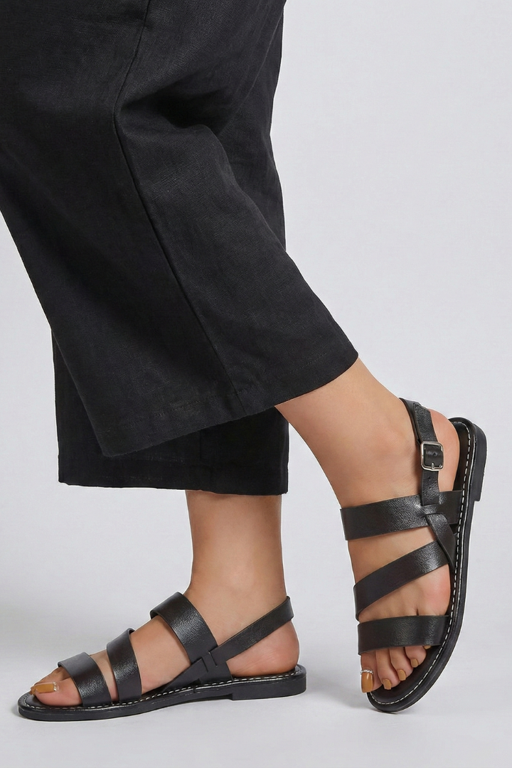 Alethea | Women’s Modern Flat Sandals with Back Strap - Black Leather