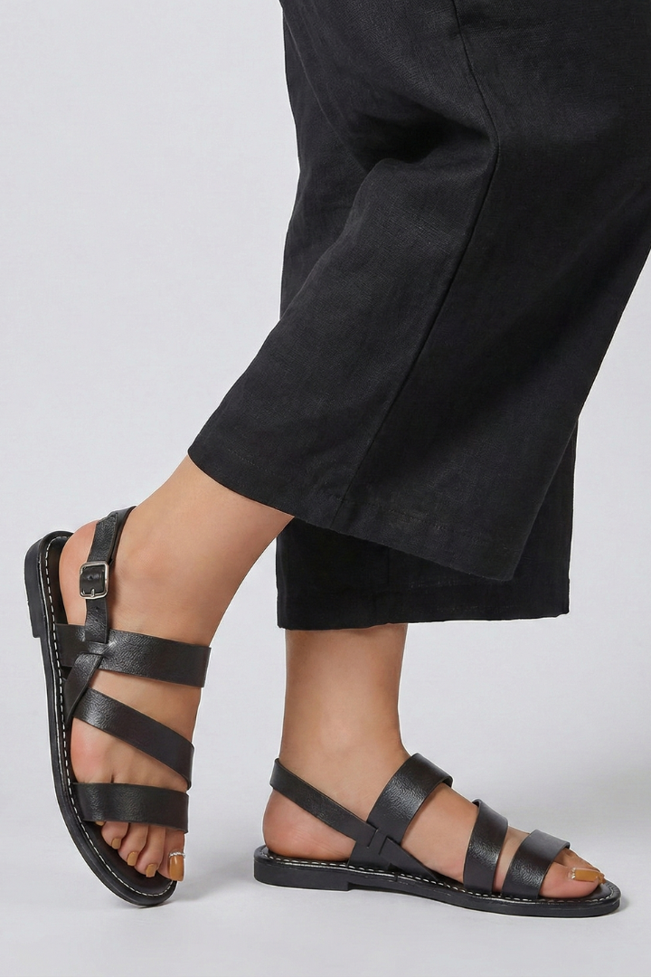 Alethea | Women’s Modern Flat Sandals with Back Strap - Black Leather