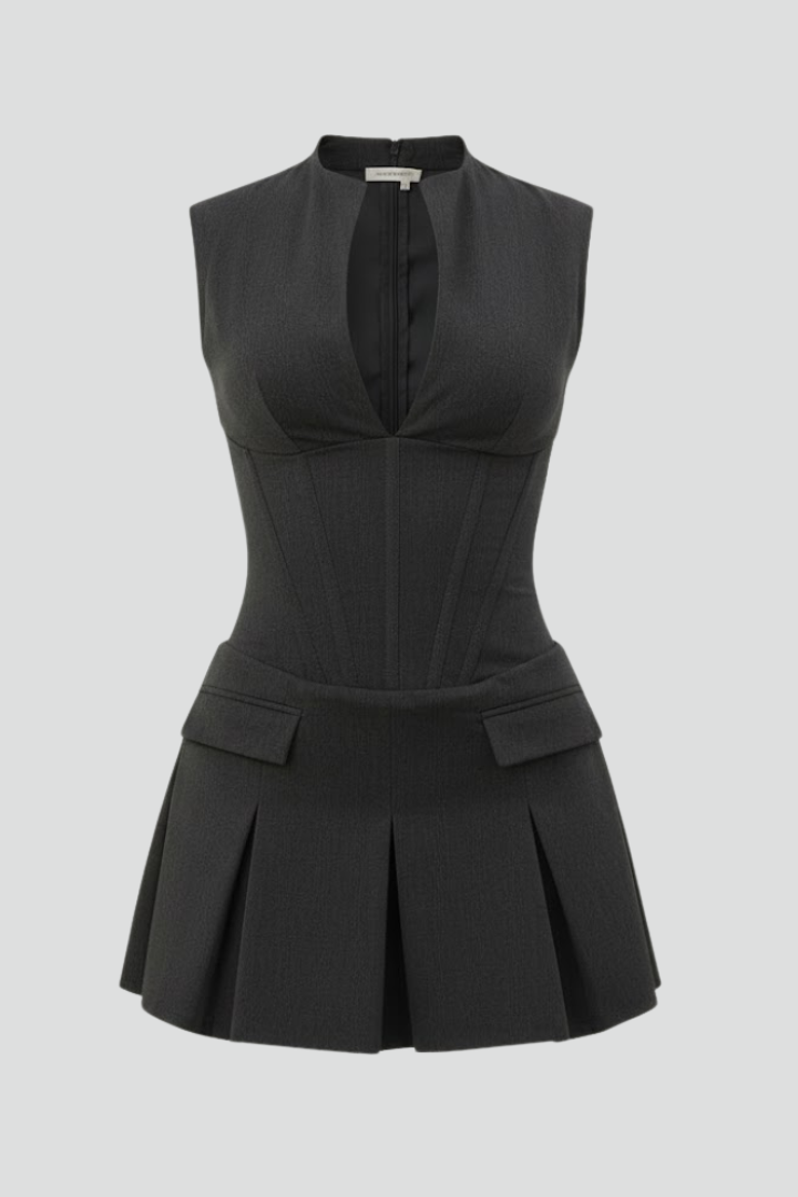 Astrid | Women’s Pleated Skirt Mini Dress with Plunge Neck - Black