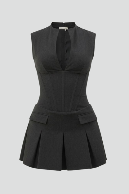 Astrid | Women’s Pleated Skirt Mini Dress with Plunge Neck - Black