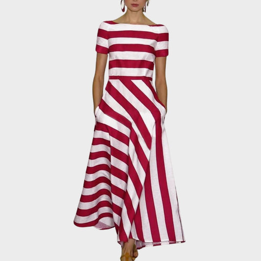 Calista | Elegant Red Light & Fluid Stripe Dress