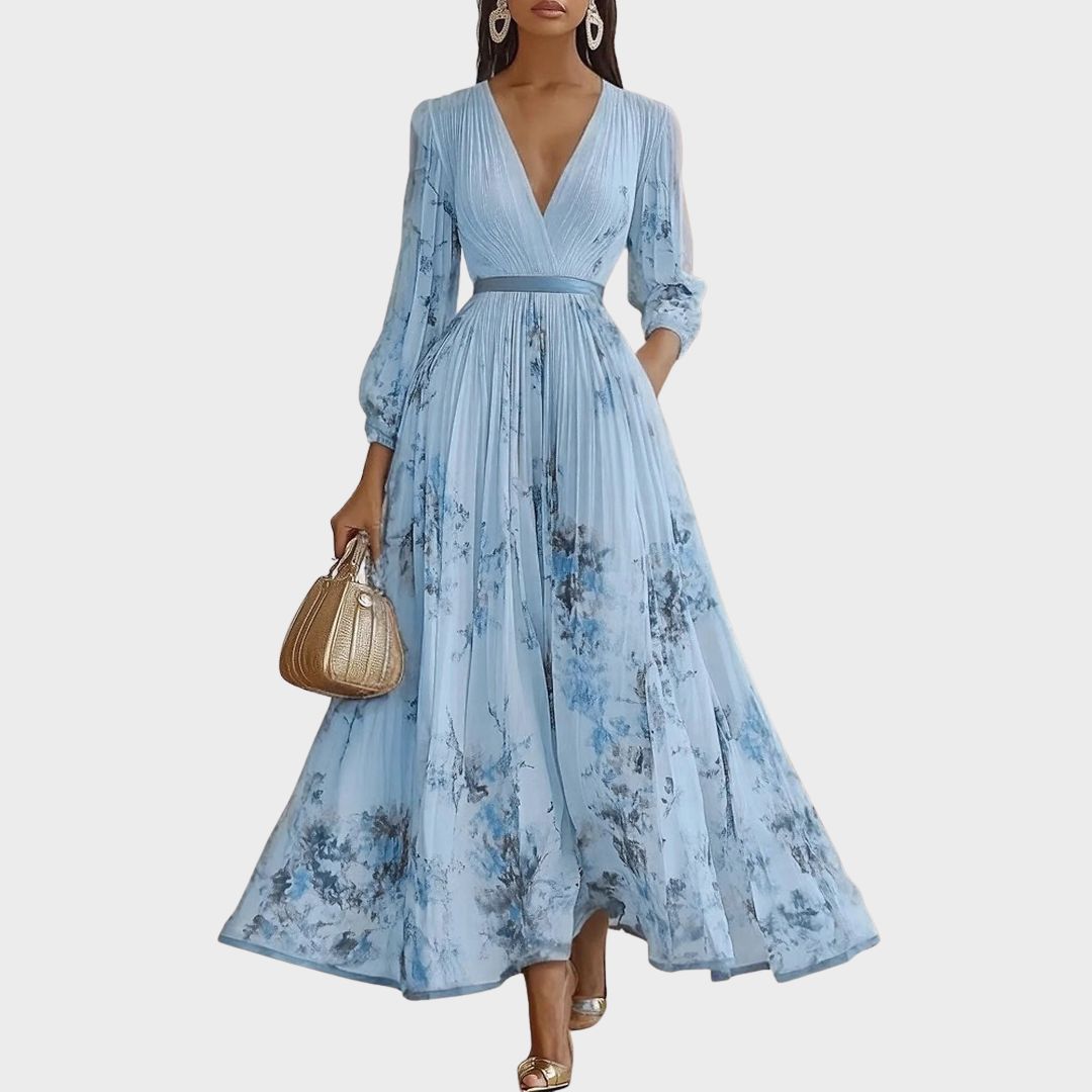 Calista | Elegant Pleated Maxi Dress in Floral White