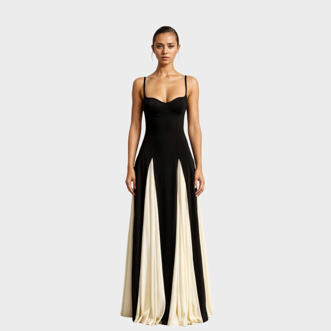 Calantha | Elegant Maxi Dress in Black and Cream