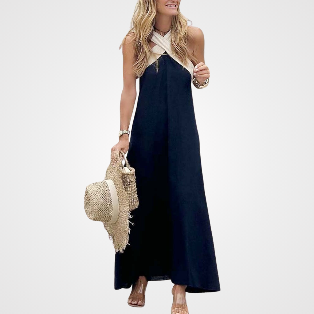 Calantha | Elegant White & Black Cross-Neck Dress