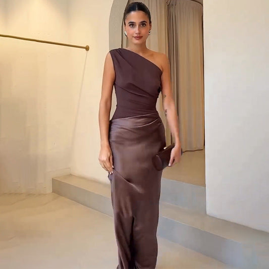 Astrid | Women Wedding Guest Dress One-Shoulder Evening Dress in Brown Satin