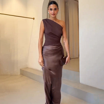 Astrid | Women Wedding Guest Dress One-Shoulder Evening Dress in Brown Satin