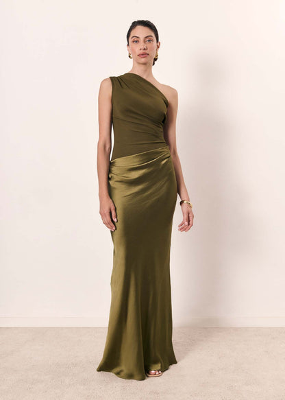 Astrid | Women Wedding Guest Dress One-Shoulder Evening Dress in Brown Satin