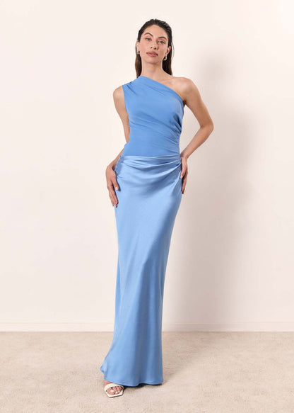 Astrid | Women Wedding Guest Dress One-Shoulder Evening Dress in Brown Satin