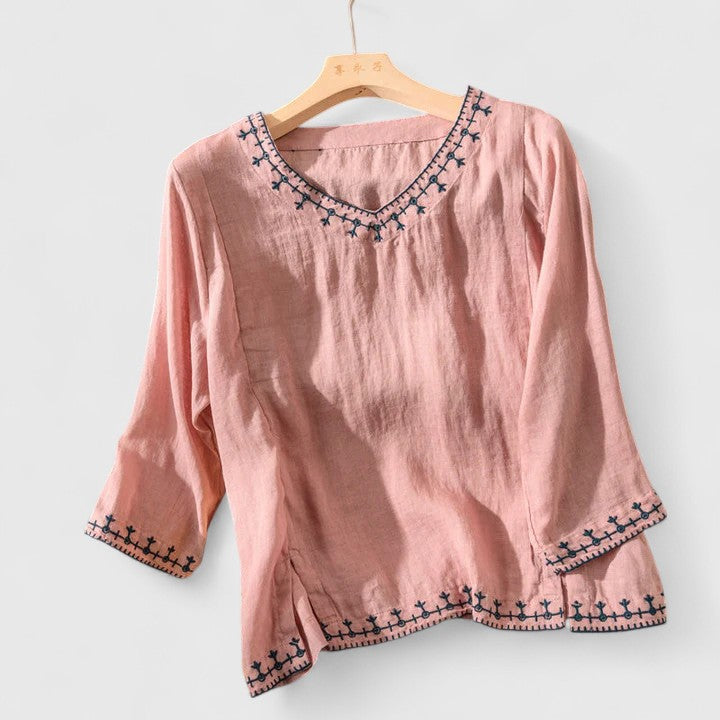 Calista | Elegant V-Neck Linen Blouse in Soothing Teal