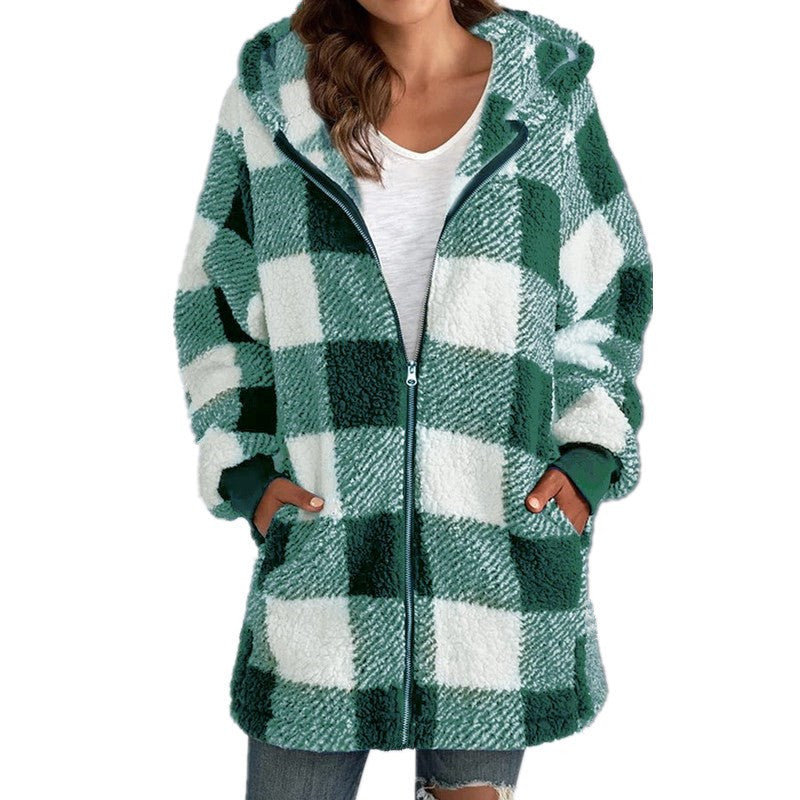 Calantha | Plaid Fleece Long Sleeve Hooded Coat in Black and White Sherpa